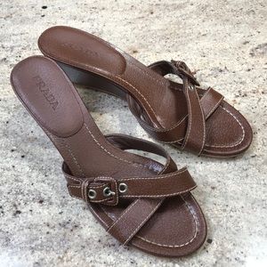 PRADA Brown Pebbled Leather Mules w/Buckle 40
